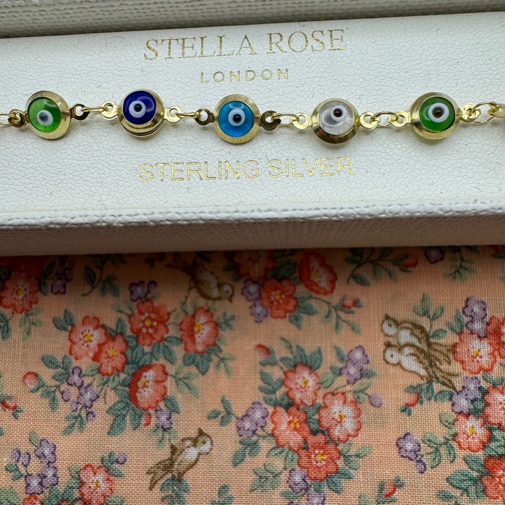 Stella Rose London Evil Eye Bracelet  Sterling  Silver 925 6mm Beads 7.5" L NIB